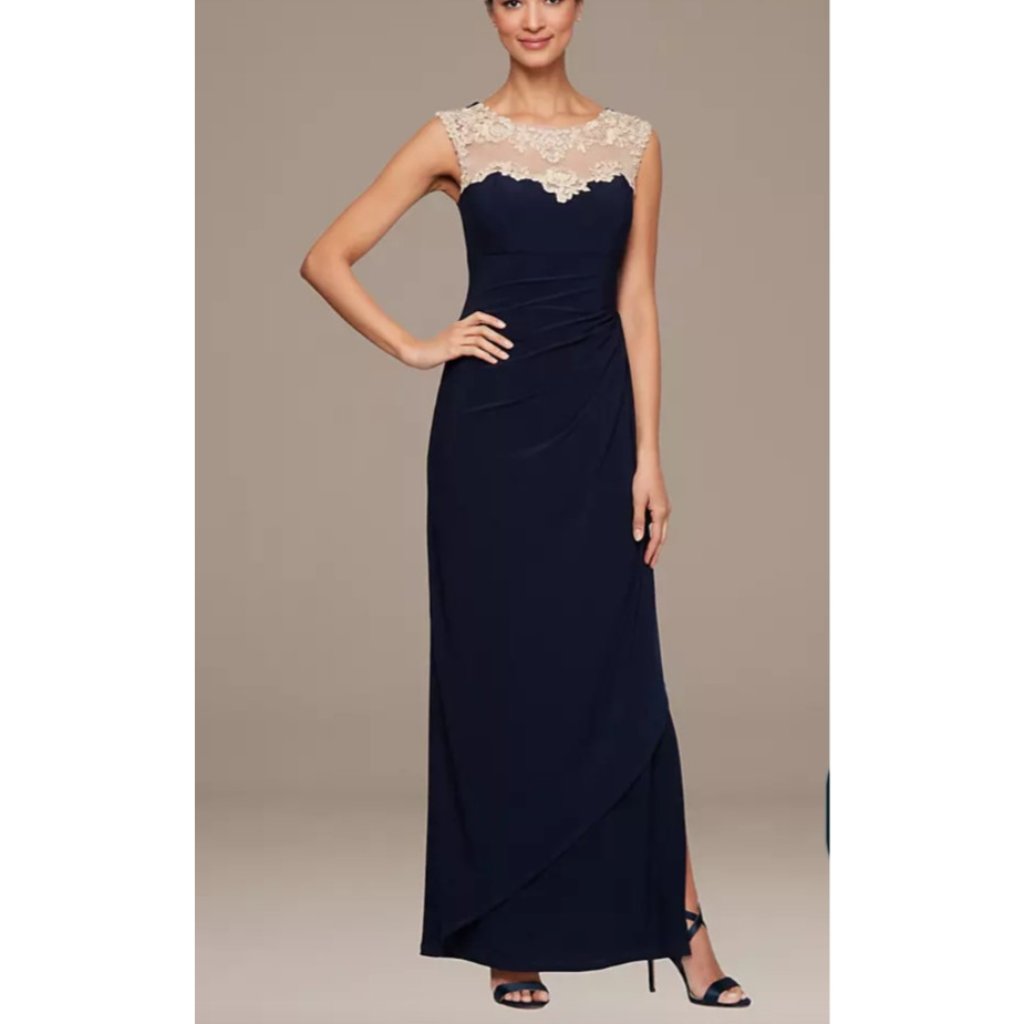 Alex Evenings Dress Navy Blue Gold 8 Long Ruffle Wedding Cruise Formal New — image 6 of 8